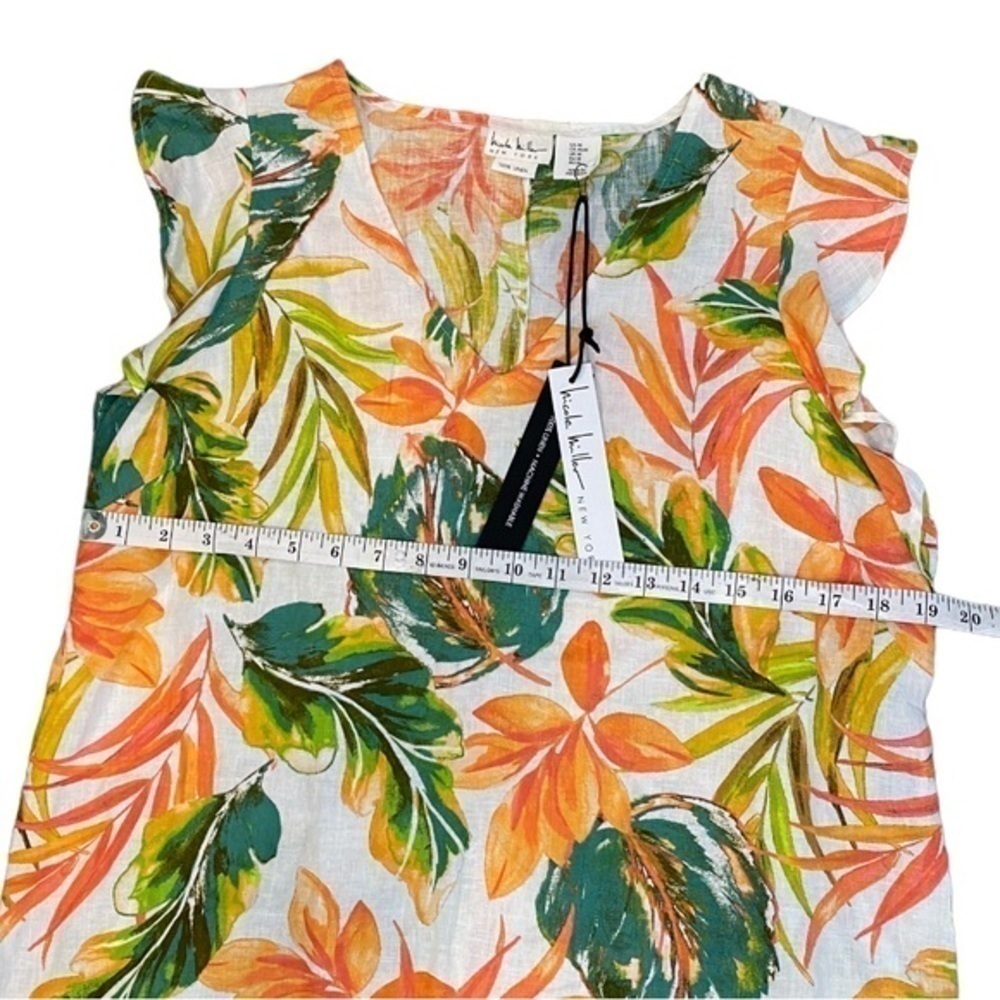 NWT Linen Nicole Miller | Tropical Floral Print V-Neck Shift Mini Dress - Picture 4 of 8